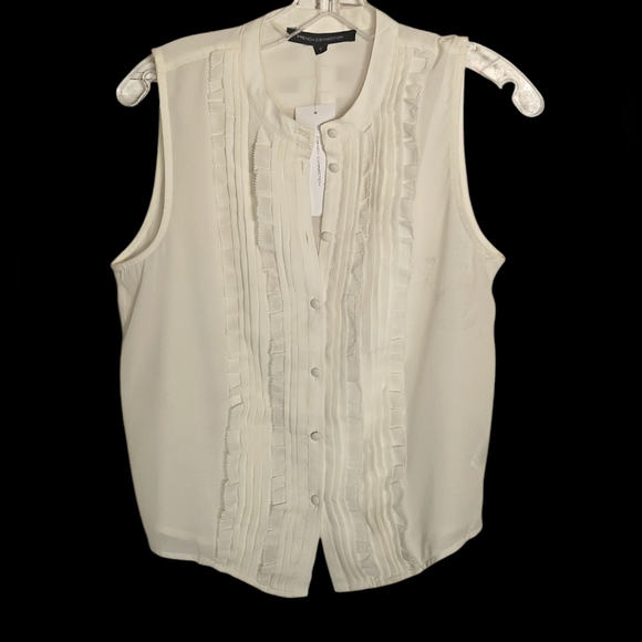 French Connection Cream Mandarin Collar w/ Button Down Ruffle Sleeveless Blouse - Picture 4 of 12